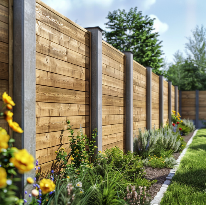 Wooden fence with concrete fence posts