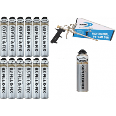 12x 750ML B3 Expanding Foam with Applicator Gun and 1x Clear Cleaning Fluid