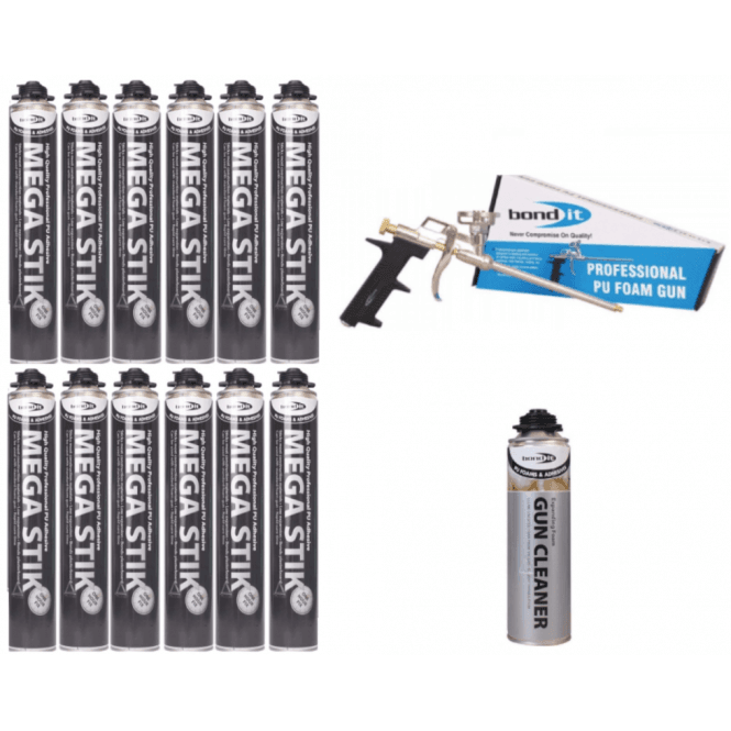 Bond It 12x 750ml Beige Mega Stik PU Adhesive w/ Applicator Gun and 1x Cleaning Fluid