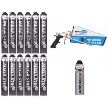 12x 750ml Beige Mega Stik PU Adhesive w/ Applicator Gun and 1x Cleaning Fluid