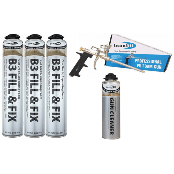 Bond It 3x 750ML B3 Expanding Foam with Applicator Gun and 1x Clear Cleaning Fluid
