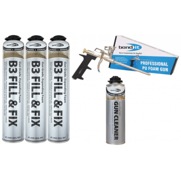 3x 750ML B3 Expanding Foam with Applicator Gun and 1x Clear Cleaning Fluid