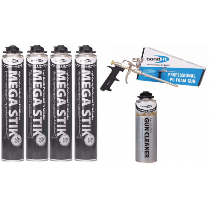Bond It 4x 750ml Beige Mega Stik PU Adhesive w/ Applicator Gun and 1x Cleaning Fluid