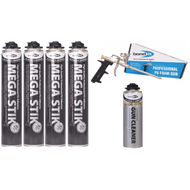 4x 750ml Beige Mega Stik PU Adhesive w/ Applicator Gun and 1x Cleaning Fluid