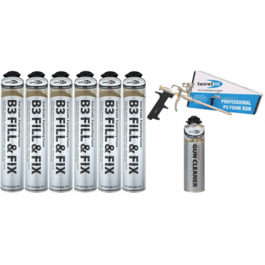 6x 750ML B3 Expanding Foam with Applicator Gun and 1x Clear Cleaning Fluid