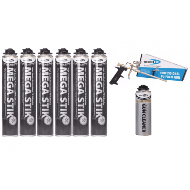 Bond It 6x 750ml Beige Mega Stik PU Adhesive w/ Applicator Gun and 1x Cleaning Fluid