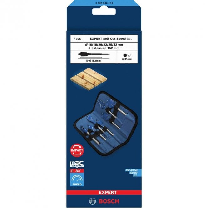 Bosch 16.0-32.0mm Expert Self Cut Speed Spade Drill Bit Set with Extension - 7 Piece