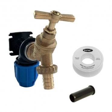 20mm MDPE Outside Garden Tap Kit - 20mm Wall Plate Elbow | 20mm Liner | 1/2" Bib Tap | Thread Tape