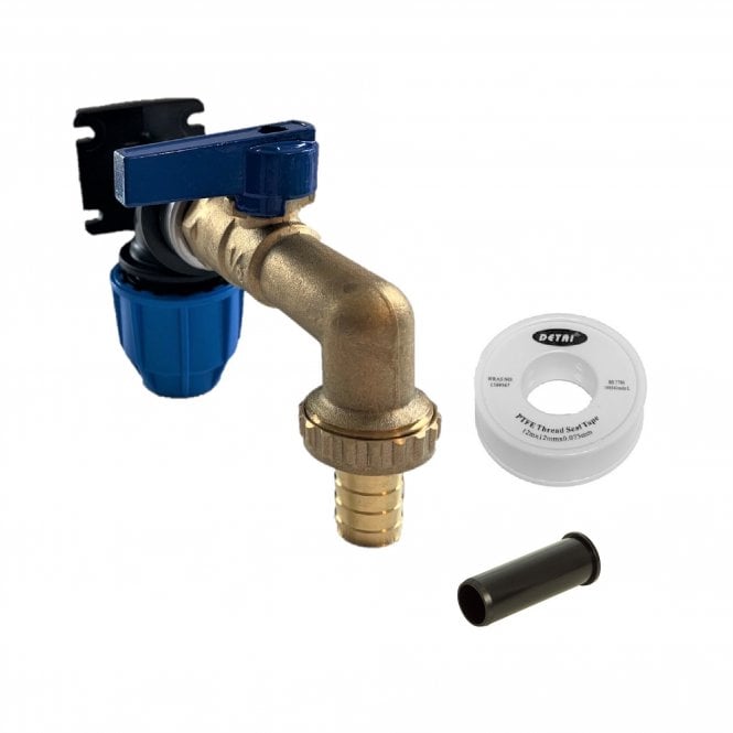 Build & Plumb 20mm MDPE Outside Garden Tap Kit - 20mm Wall Plate Elbow | 20mm Liner | Quarter Turn Lever Bib Tap | Thread Tape
