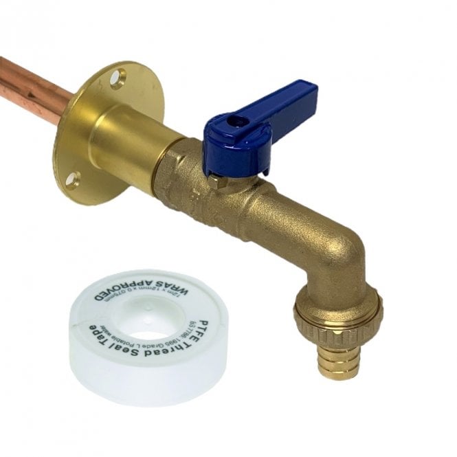 Build & Plumb Outside Garden Tap Kit - 350mm Wall Plate | Quarter Turn Lever Bib Tap | Thread Tape