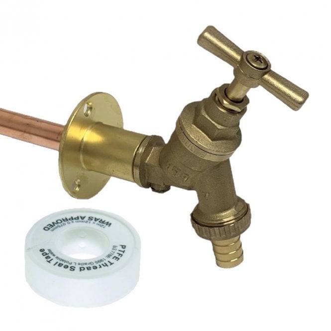 Build & Plumb Outside Garden Tap Kit - 600mm Wall Plate | Check Valve Bib Tap | Thread Tape