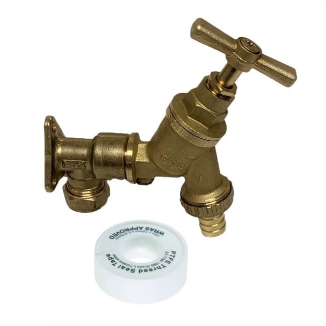 Build & Plumb Outside Garden Tap Kit - Wall Plate Elbow | Check Valve Bib Tap | Thread Tape