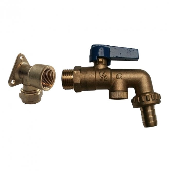 Build & Plumb Outside Garden Tap Kit - Wall Plate Elbow | Quarter Turn Lever Check Bib Tap