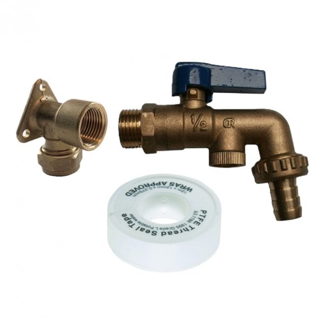 Build & Plumb Outside Garden Tap Kit - Wall Plate Elbow | Quarter Turn Lever Check Bib Tap | Thread Tape