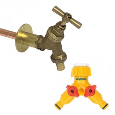 Outside Garden Tap Kit with Hozelock - 350mm Wall Plate | 1/2" Bib Tap | Thread Tape | Hozelock Dual Tap Connector