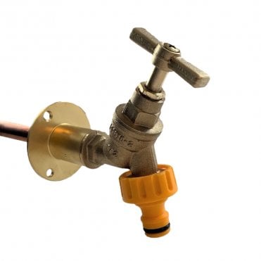 Outside Garden Tap Kit with Hozelock - 350mm Wall Plate | 1/2" Bib Tap | Thread Tape | Hozelock Tap Connector