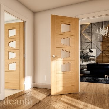 Oak Pre-Finished Seville Glazed 4L Slanted Internal Door