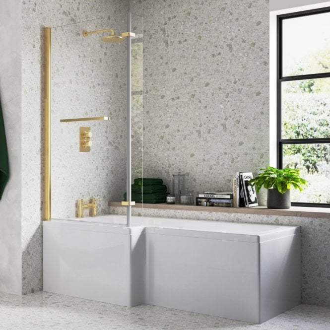 Dove Bathrooms Abbot 1700mm L Shaped Supercast Shower Bath inc. Brushed Brass Screen with Rail & Panel
