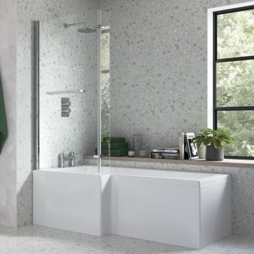 Abbot 1700mm L Shaped Supercast Shower Bath inc. Chrome Screen with Rail & Panel