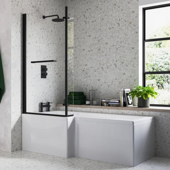 Dove Bathrooms Abbot 1700mm L Shaped Supercast Shower Bath inc. Matt Black Screen with Rail & Panel