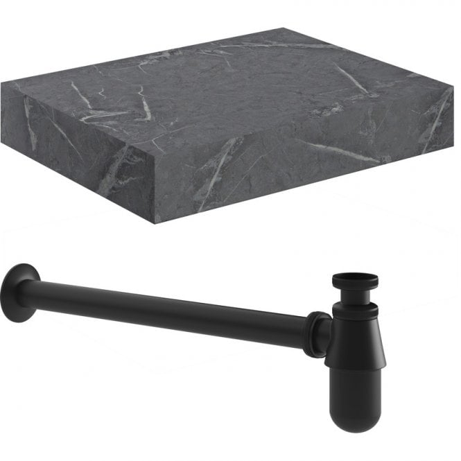 Dove Bathrooms Adder 600mm Wall Hung Grey Marble Basin Shelf & Black Bottle Trap