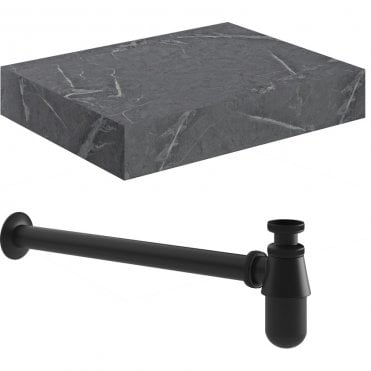Adder 600mm Wall Hung Grey Marble Basin Shelf & Black Bottle Trap