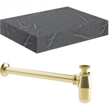 Adder 600mm Wall Hung Grey Marble Basin Shelf & Brass Bottle Trap