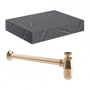 Adder 600mm Wall Hung Grey Marble Basin Shelf & Brushed Bronze Bottle Trap