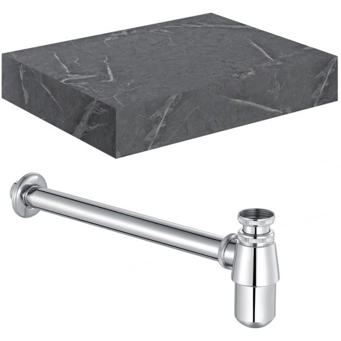 Dove Bathrooms Adder 600mm Wall Hung Grey Marble Basin Shelf & Chrome Bottle Trap