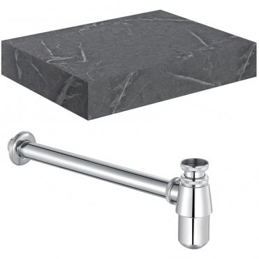 Adder 600mm Wall Hung Grey Marble Basin Shelf & Chrome Bottle Trap