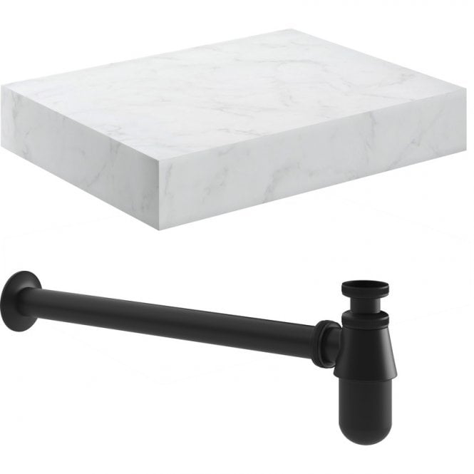 Dove Bathrooms Adder 600mm Wall Hung White Marble Basin Shelf & Black Bottle Trap