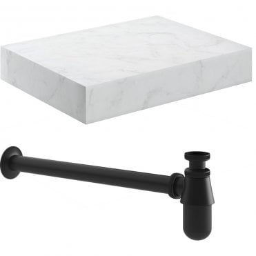 Adder 600mm Wall Hung White Marble Basin Shelf & Black Bottle Trap