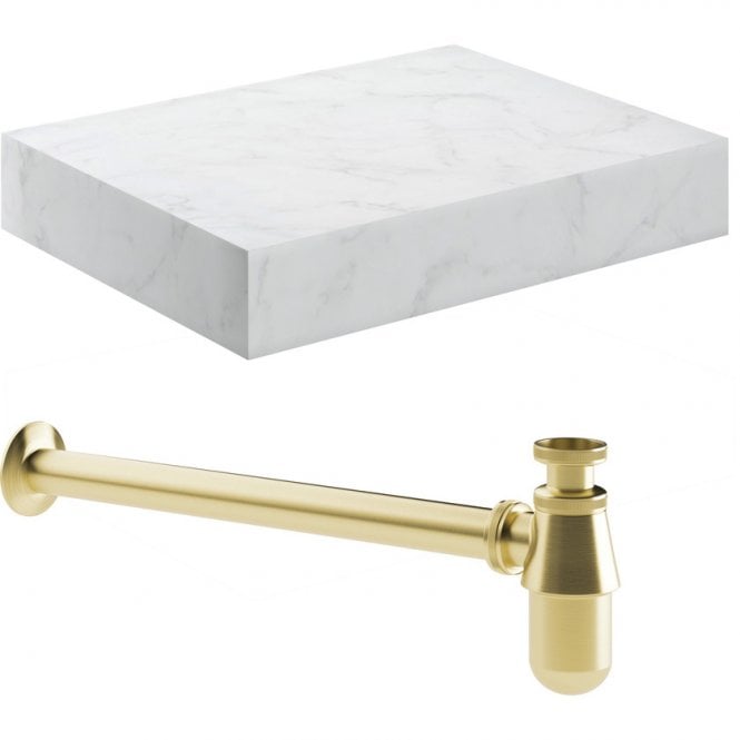 Dove Bathrooms Adder 600mm Wall Hung White Marble Basin Shelf & Brass Bottle Trap