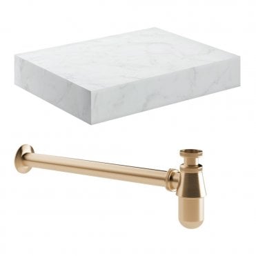 Adder 600mm Wall Hung White Marble Basin Shelf & Brushed Bronze Bottle Trap