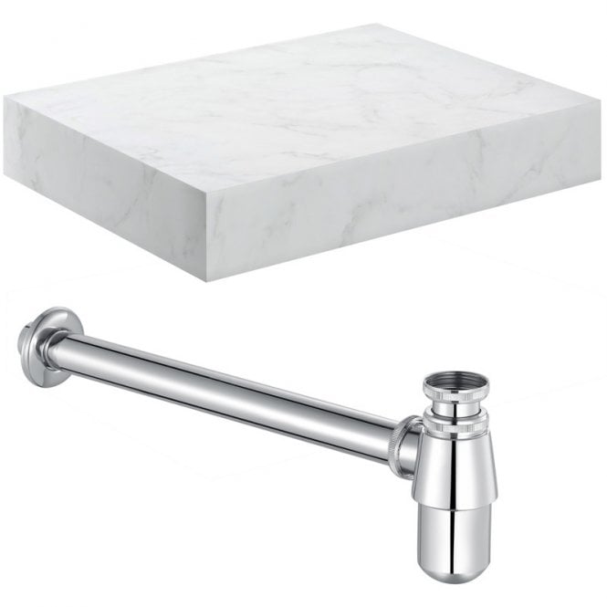 Dove Bathrooms Adder 600mm Wall Hung White Marble Basin Shelf & Chrome Bottle Trap