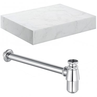 Adder 600mm Wall Hung White Marble Basin Shelf & Chrome Bottle Trap