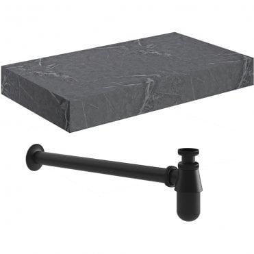 Adder 800mm Wall Hung Grey Marble Basin Shelf & Black Bottle Trap
