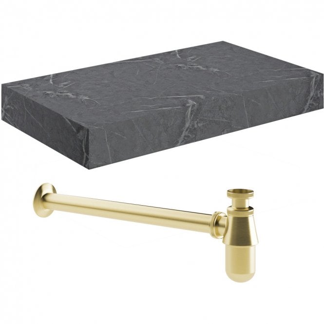 Dove Bathrooms Adder 800mm Wall Hung Grey Marble Basin Shelf & Brass Bottle Trap
