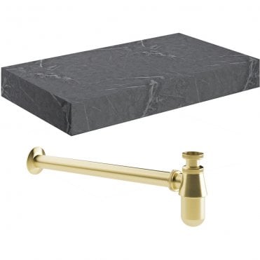 Adder 800mm Wall Hung Grey Marble Basin Shelf & Brass Bottle Trap