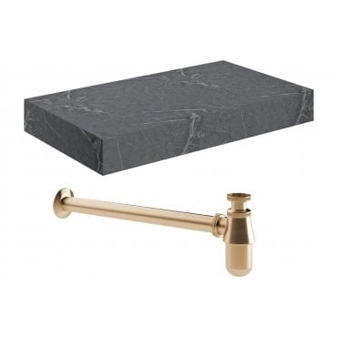 Adder 800mm Wall Hung Grey Marble Basin Shelf & Brushed Bronze Bottle Trap