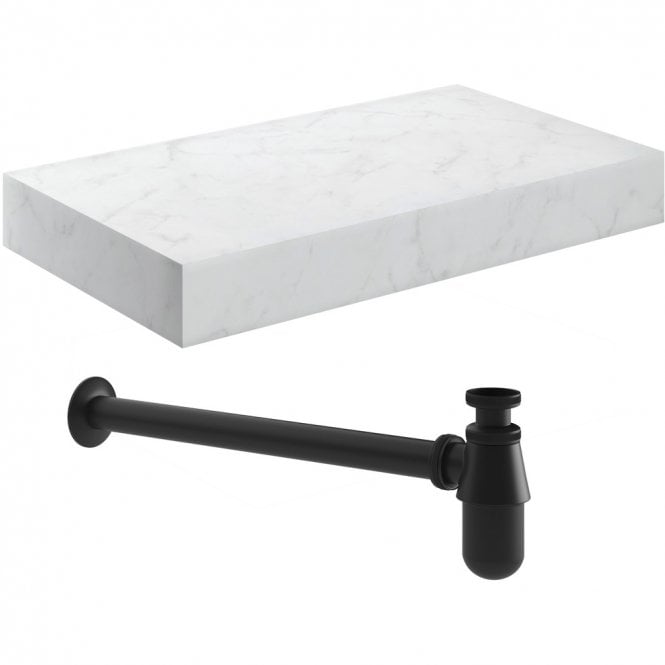 Dove Bathrooms Adder 800mm Wall Hung White Marble Basin Shelf & Black Bottle Trap