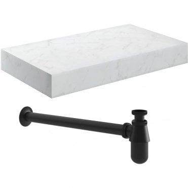 Adder 800mm Wall Hung White Marble Basin Shelf & Black Bottle Trap