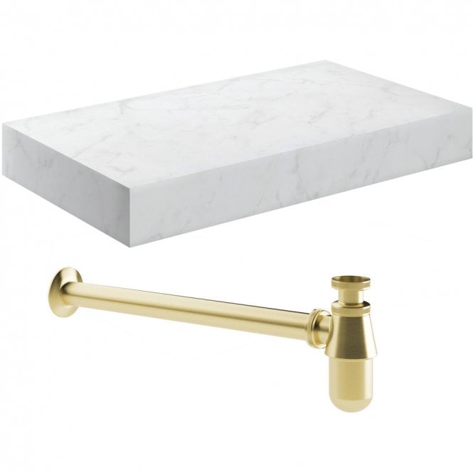 Dove Bathrooms Adder 800mm Wall Hung White Marble Basin Shelf & Brass Bottle Trap