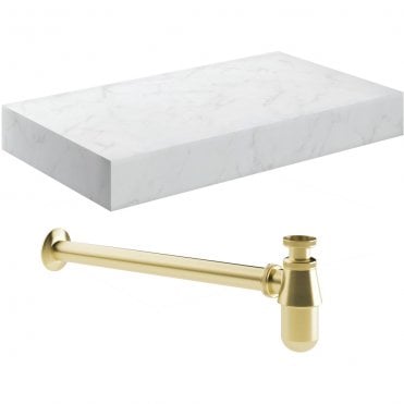 Adder 800mm Wall Hung White Marble Basin Shelf & Brass Bottle Trap
