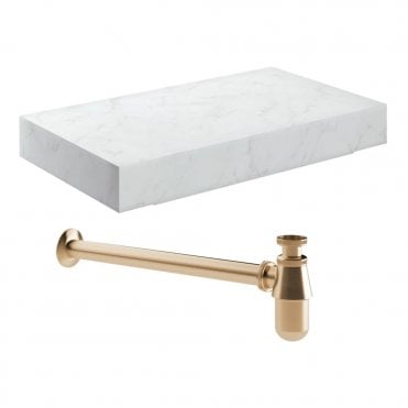 Adder 800mm Wall Hung White Marble Basin Shelf & Brushed Bronze Bottle Trap