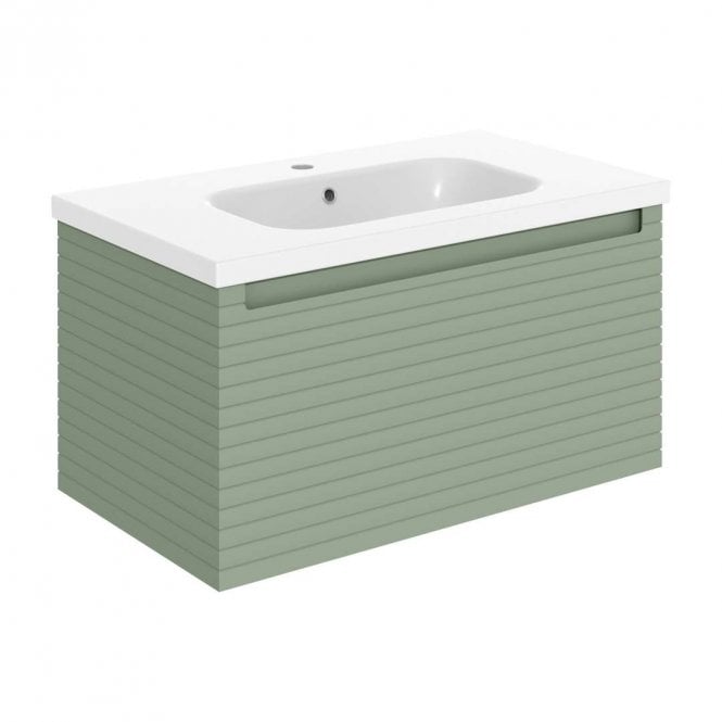 Dove Bathrooms Aire 815mm Wall Hung 1 Drawer Vanity Unit & 1TH Basin - Matt Willow Green