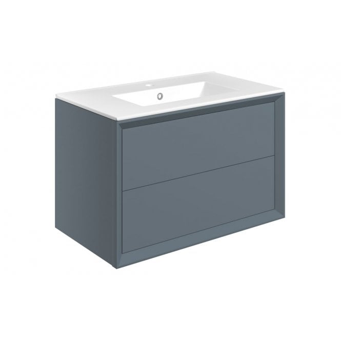 Dove Bathrooms Austin 815mm Wall Hung 2 Drawer Vanity Unit & Ceramic Sink - Matt Storm Blue