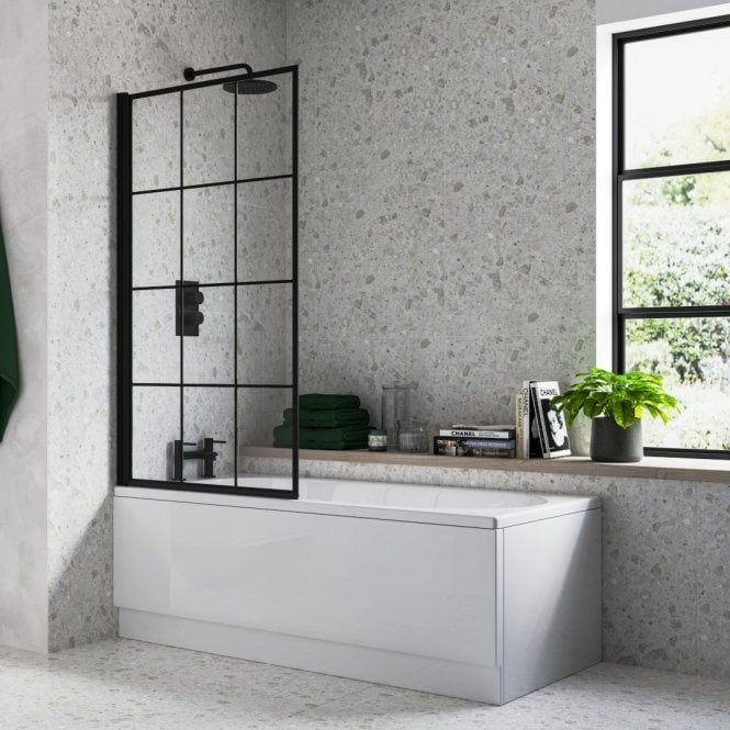 Dove Bathrooms Black 1400mm x 800mm Square Grid Bath Screen