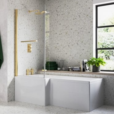 Brushed Brass 1500mm x 815mm L Shaped Shower Bath Screen