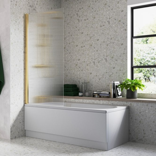 Dove Bathrooms Brushed Brass Fluted Glass 1500mm x 800mm Single Straight Bath Screen